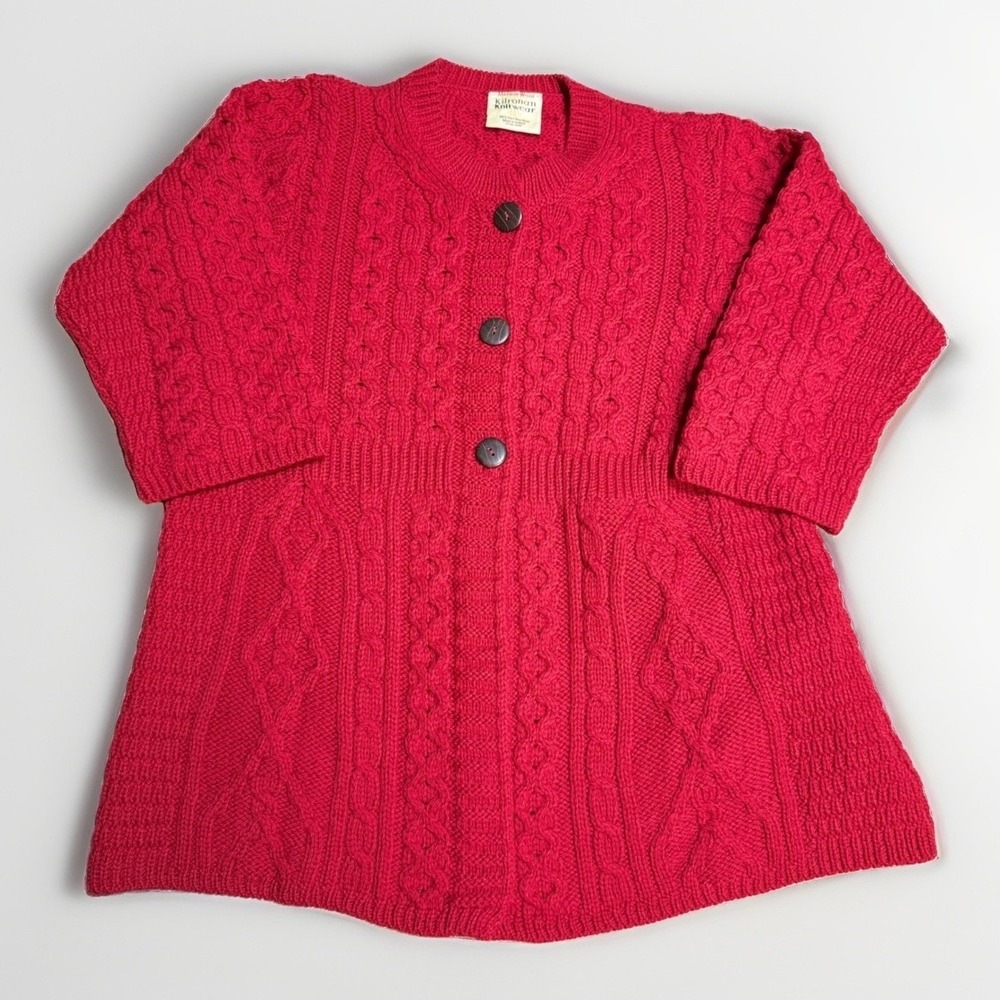 Kilronan Knitwear Cardigan Sweater Red Cable Knit Merino Wool Ireland 3/4 sleeve